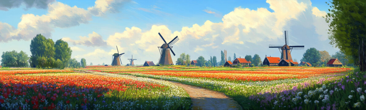A picturesque scene of traditional Dutch windmills standing proudly amidst a vibrant field of wildflowers. The clear blue sky, fluffy clouds, and verdant greenery create a sense of tranquility and bea