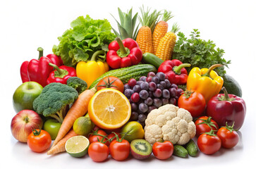 Lots of fruits and vegetables isolated on a white, healthy food and diet. Corn, carrots, kiwi, cauliflower, grapes, lettuce