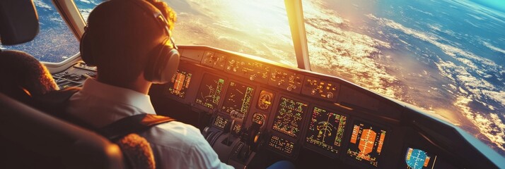 A pilot in the cockpit of a commercial airplane, with the sunrise illuminating the clouds below. The image symbolizes adventure, travel, freedom, aspiration, and the beauty of nature.