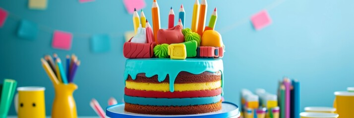 Layer cake decorated with edible school supplies such as pencils and books