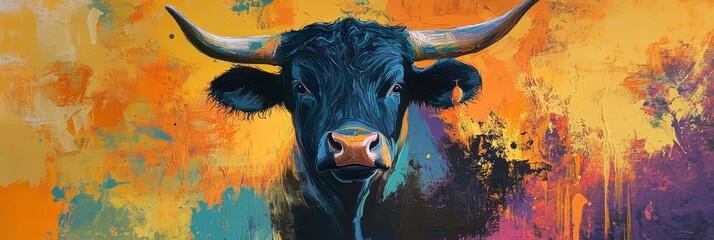 A powerful bull stares intensely, its dark form contrasting with the vibrant, abstract background. The painting evokes concepts of strength, determination, and the raw beauty of nature.