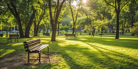 A tranquil park scene with benches, lush greenery, and sunlight filtering through trees, perfect for relaxation and nature lovers.