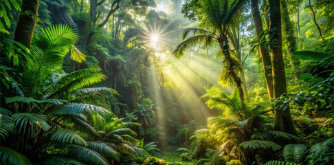 Fototapeta premium Rays of sunlight break through the trees and limpets in the rainforest