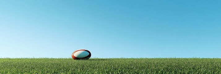 A rugby ball rests on a lush green grass field against a backdrop of a clear blue sky. It symbolizes sports, competition, teamwork, and the outdoors.