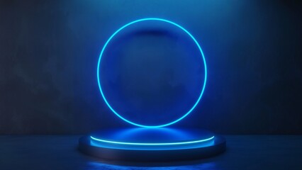 Empty podium in a grey room with blue neon lights