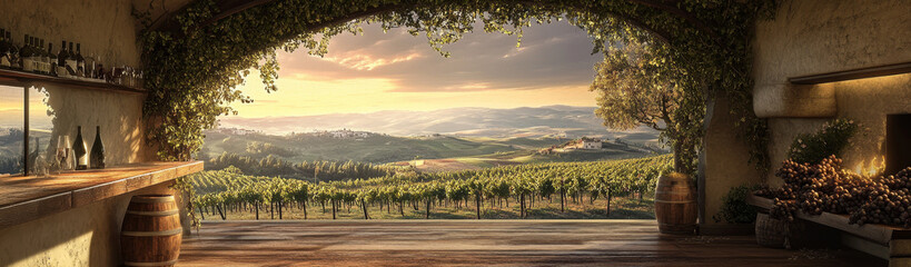 Fototapeta premium A rustic wine cellar with a wooden bar, barrels, and a beautiful view of a vineyard at sunset. The scene symbolizes peace, nature, and the enjoyment of fine wine.