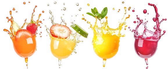 Four different fruit juices splashing with fruits on top, isolated on white background.