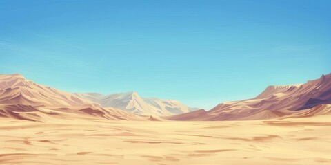 A vast desert landscape with golden sand and distant mountains under a clear blue sky, perfect for travel and adventure themes.