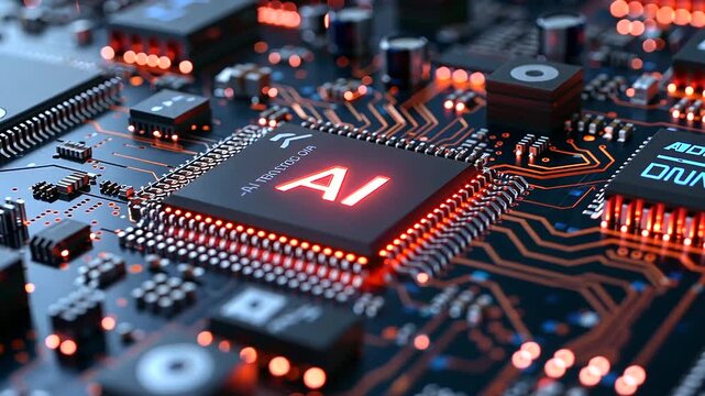 A dynamic shot capturing the final stages of a chip manufacturing process, emphasizing the AI logo on chips arranged for quality control inspection