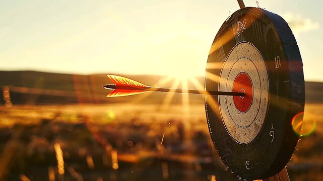 Against the backdrop of an expansive outdoor landscape, sunlight glints off an arrow embedded in the bullseye of a target