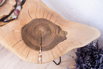 Wooden oak cut. Loft style table with epoxy resin.
