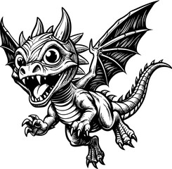 cute little dragon illustration, cartoon little dragon vector , funny little dragon black and white
