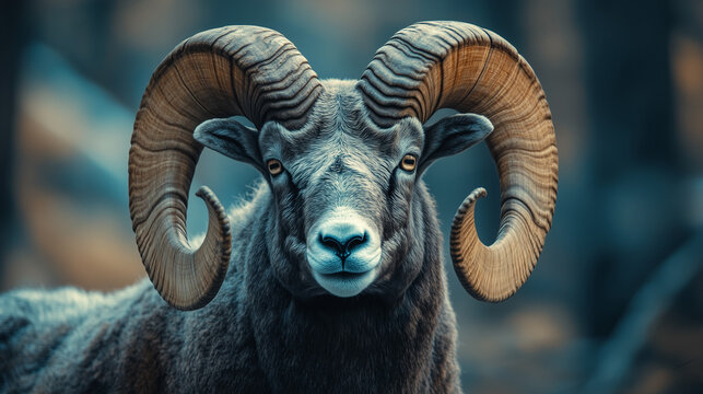 Closeup of Mountain ring shape Bighorn  ram sheep
