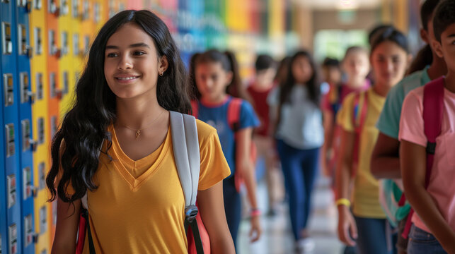 Smiling Girl Walking in School Hallway with Friends by Lockers