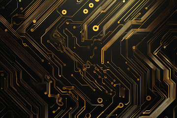 A modern abstract design featuring gold lines and dots representing network science and technology on a high-tech dark background. Ideal for templates, web design, and presentations