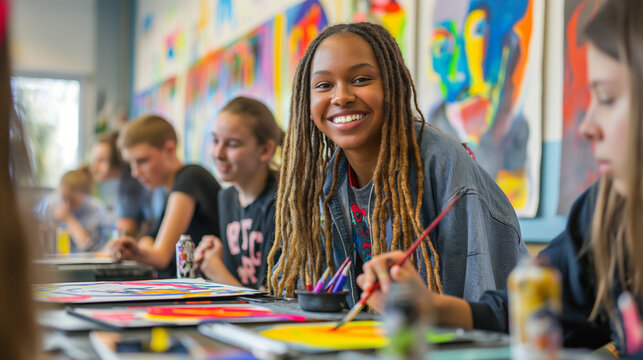Smiling Teenage Girl Painting in Art Class with Classmates in Bright Classroom