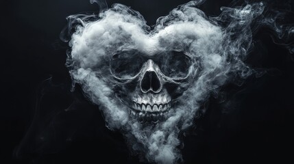 A skull surrounded by smoke in the shape of a heart, symbolizing the duality of love and death, passion and danger, life and mortality, the beauty and fragility of existence.