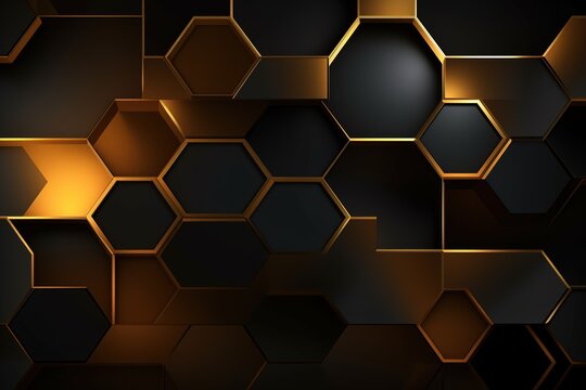Abstract geometric background with black and golden hexagonal shapes. - Powered by Adobe