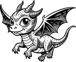 cute little dragon illustration, cartoon little dragon vector , funny little dragon black and white