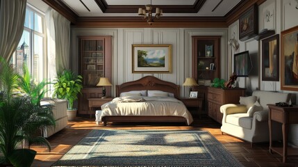 Fototapeta premium A spacious and elegant bedroom with large windows, a plush bed, ornate furniture, and a beautiful rug. The room is filled with natural light, creating a warm and inviting atmosphere.
