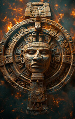 Fototapeta premium A large, ancient looking stone with a face carved into it. The face is surrounded by a circle of symbols and numbers. Scene is mysterious and intriguing
