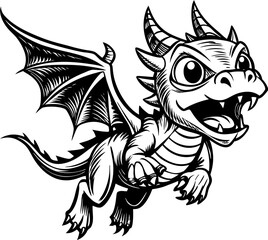 cute little dragon illustration, cartoon little dragon vector , funny little dragon black and white