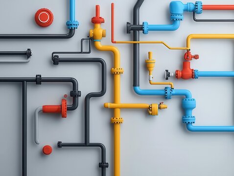 Fluid mechanics, pipeline system analysis, 3D illustration