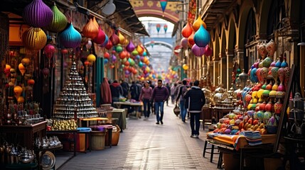 Naklejka premium A narrow street adorned with vibrant lanterns suspended from above.