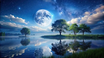 Mystical moonlit night scene with a serene atmosphere and clear sky , moon, night, peaceful, stars, sky, tranquil, serene