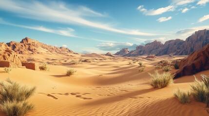 Fototapeta premium A vast desert landscape with rolling sand dunes, rugged mountains, and a clear blue sky with white clouds. The scene evokes a sense of vastness, solitude, and the beauty of nature.