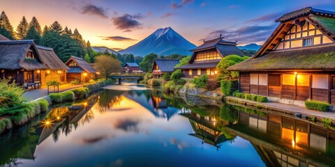 Naklejka premium Twilight time in Oshino Hakkai, a serene village in Yamanashi, Japan , Japan, Oshino Hakkai, twilight, serene