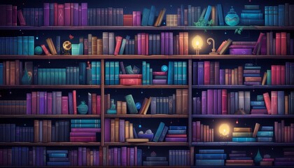 Rows of books in library, flat design, front view, academic theme, animation, Complementary Color Scheme