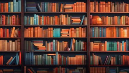 Rows of books in library, flat design, front view, academic theme, animation, Complementary Color Scheme