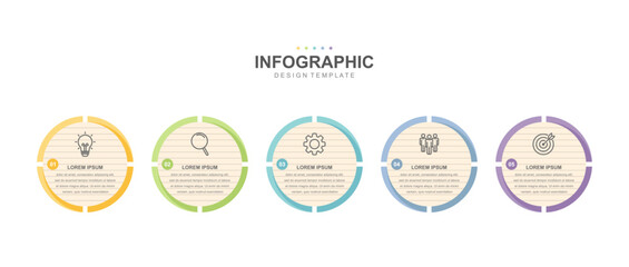 Timeline infographic elements template, business  circle concept with 5 steps and icon, web design, Creative, vector, illustration.
