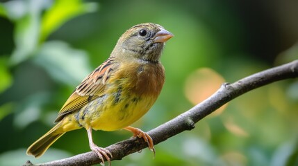 Fototapeta premium A vibrant yellowhammer bird with brown streaks perched on a thin branch against a backdrop of green foliage. The bird's bright yellow plumage and contrasting dark stripes make it stand out in the natu