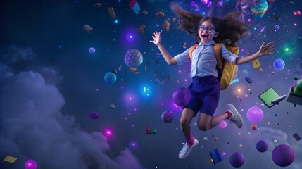 Playful learning visualized through students jumping amid colorful planets and school supplies