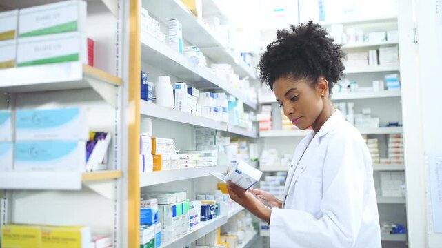 Black woman, pharmacist and tablet with box on shelf for medication, inventory inspection or dispensary at drugstore. African female person or doctor with technology for checking stock at pharmacy