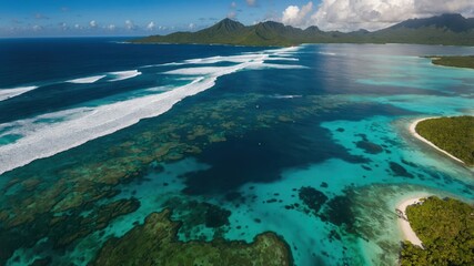 Stunning aerial view of a tropical island with clear turquoise waters, coral reefs, and lush green hills.