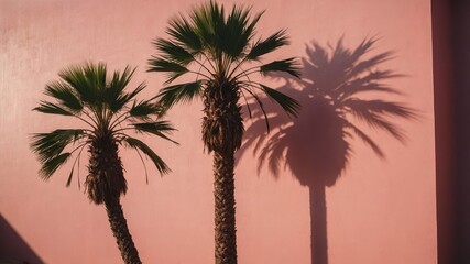 Three tall palm trees with soft shadows on a pink wall, capturing the peaceful and pleasant scenery.