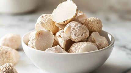 Fototapeta premium A white bowl filled with fresh organic white truffles, symbolizing luxury, gourmet cuisine, earthy flavors, culinary delight, and natural ingredients.