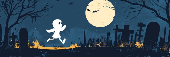 A white ghost runs through a graveyard with a full moon in the background, symbolizing Halloween, fear, the afterlife, spooky, and mystery.