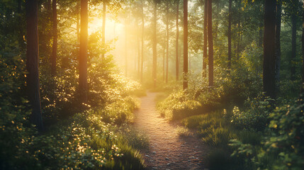 Obraz premium Nature Inspired Serene Forest Trail With Gentle Sunlight