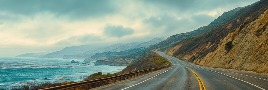 A winding coastal road stretches towards the horizon, with the vast blue ocean on one side and rugged cliffs on the other. The image symbolizes adventure, exploration, travel, and freedom.