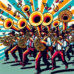 Balkan Brass Blast Pixel art depiction of a Balkan brass band wi