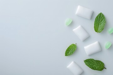  chewing gum pieces with fresh mint leaves