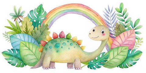 Fototapeta premium Watercolor clipart featuring a cute dinosaur surrounded by a rainbow, tropical leaves, and parchment, cute, dinosaur