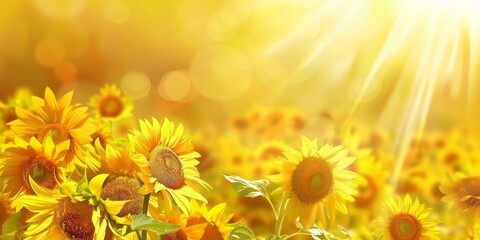 Obraz premium A vibrant field of sunflowers basking in golden sunlight, creating a warm and cheerful atmosphere perfect for summer.