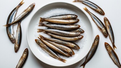 A plate of anchovies presented elegantly on sea salt, evoking a sense of gourmet cuisine and culinary art.