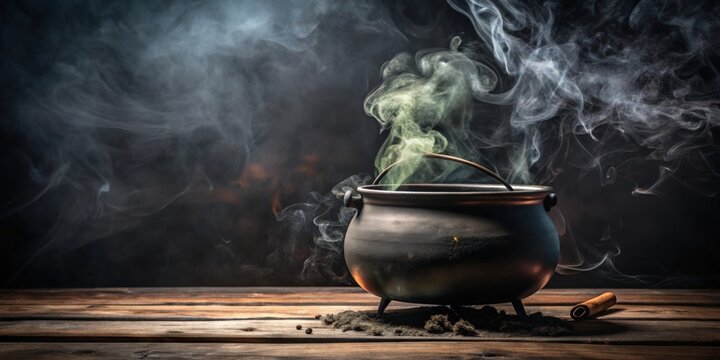 Witch's smoking cauldron on dark background, witch, cauldron, smoking, dark, background, Halloween, spooky, magic, potion