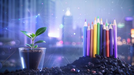 Educational potential illustrated by vibrant pencils and growing seedling against urban skyline backdrop